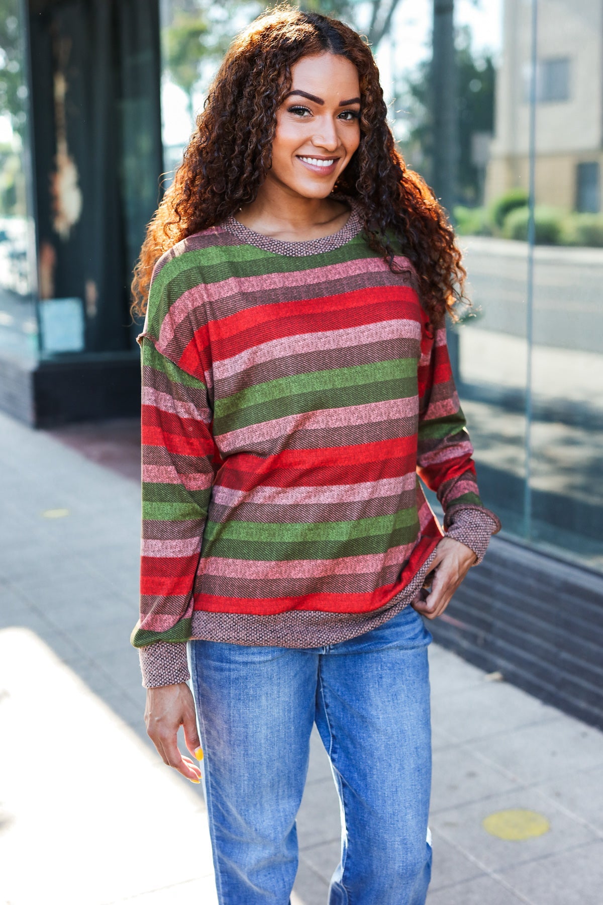 Olive & Mauve Stripe Two-Tone Banded Sweater Top