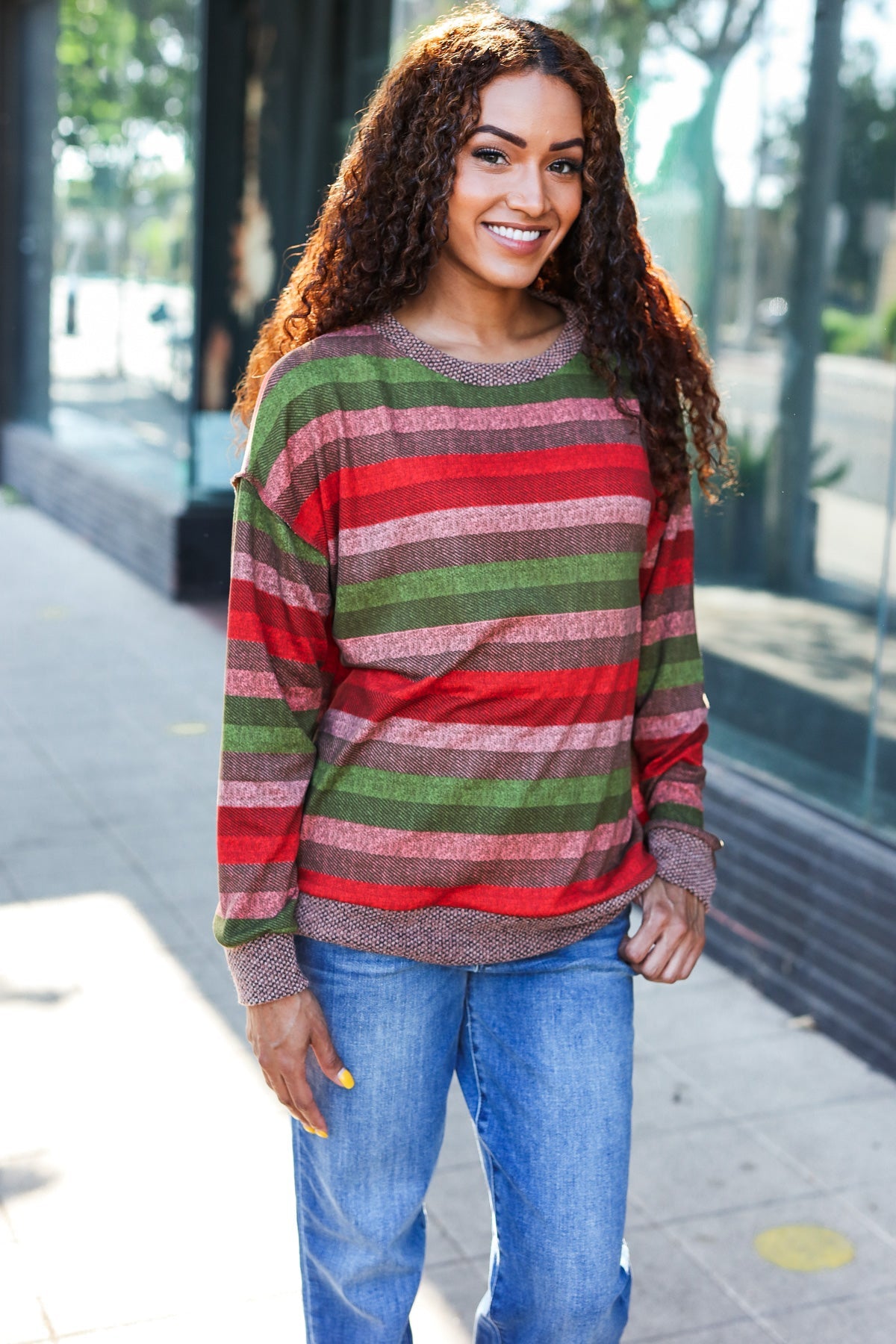 Olive & Mauve Stripe Two-Tone Banded Sweater Top