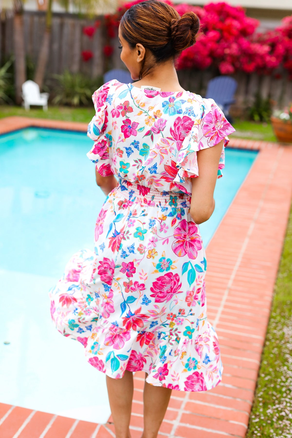 Ivory Fuchsia Floral Smocked Waist Midi Dress