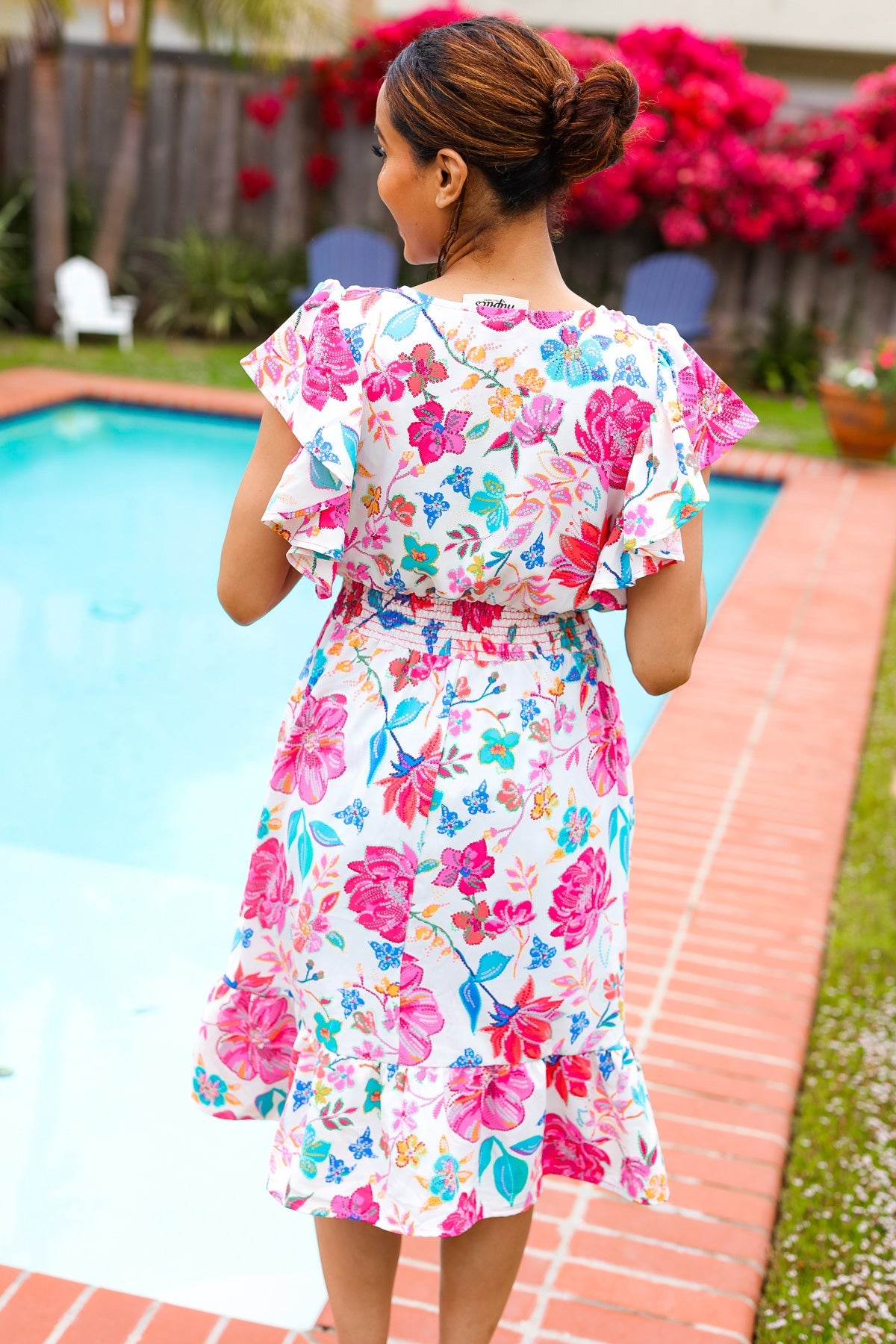 Ivory Fuchsia Floral Smocked Waist Midi Dress