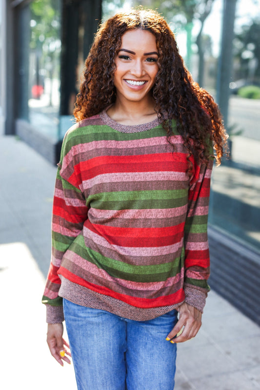 Olive & Mauve Stripe Two-Tone Banded Sweater Top