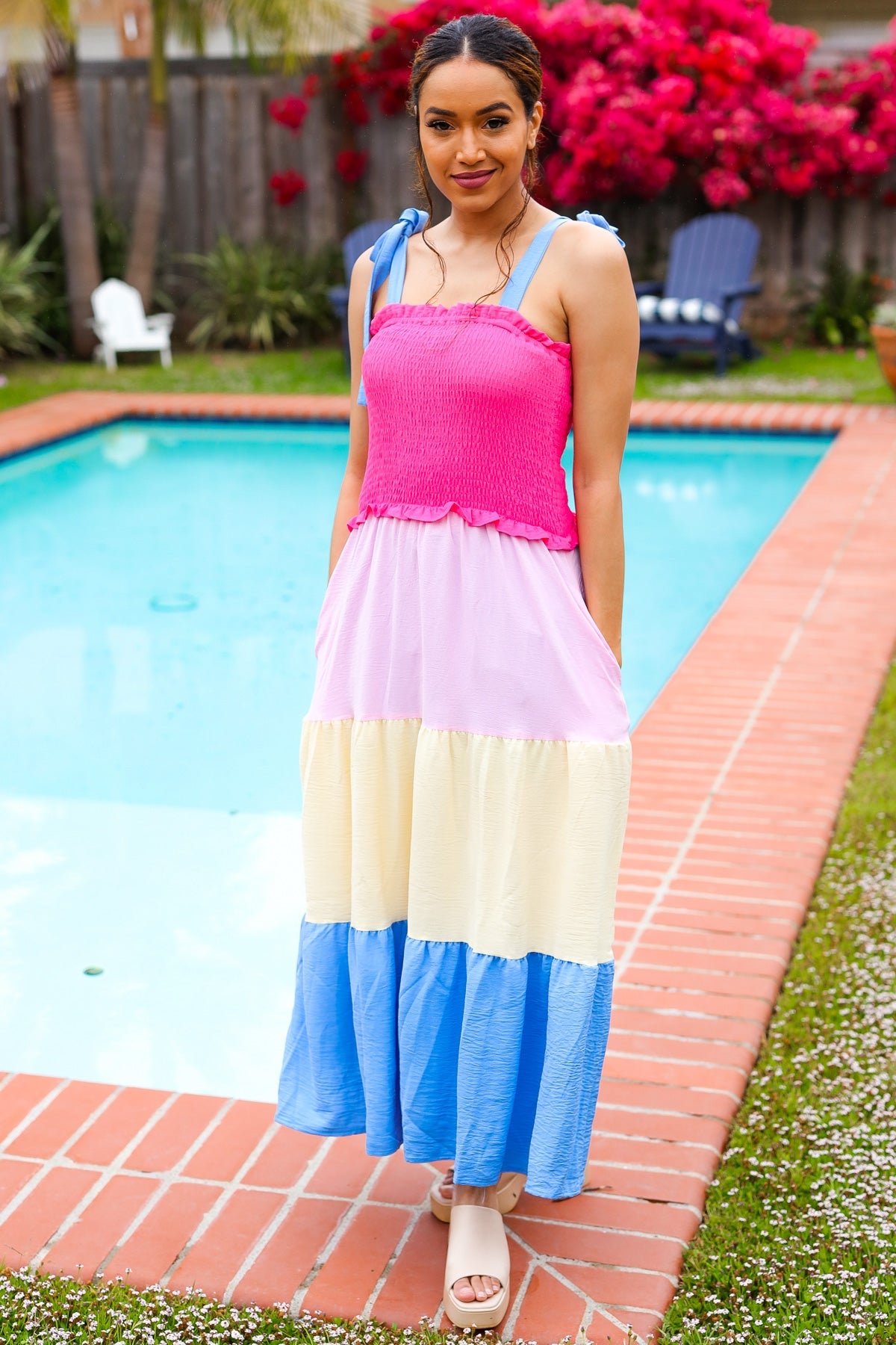 Hot Pink & Blue Smocked Color Block Maxi Dress