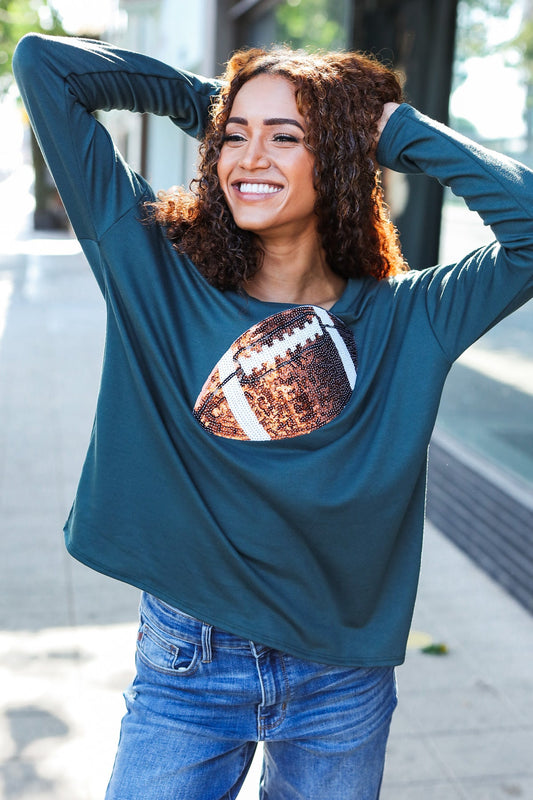 Forest Green Sequin Football Patch Terry Top