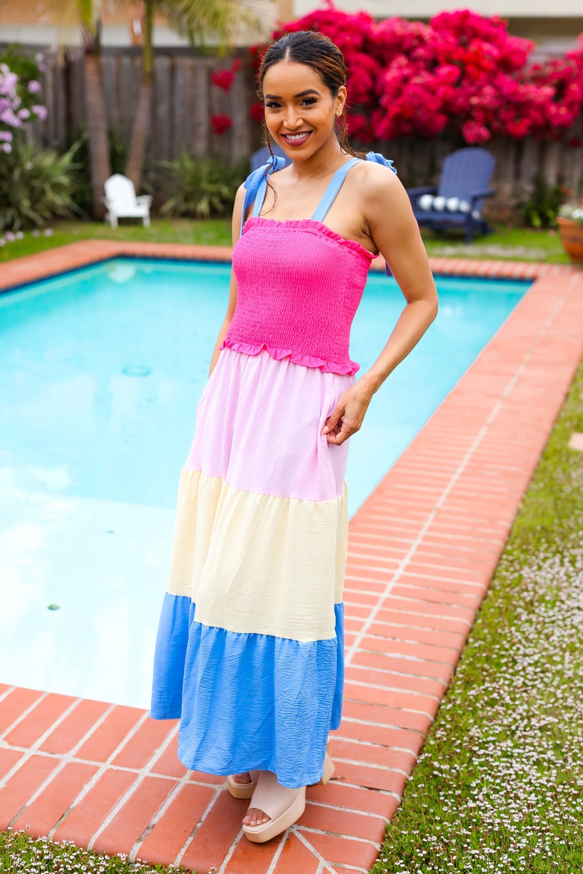 Hot Pink & Blue Smocked Color Block Maxi Dress