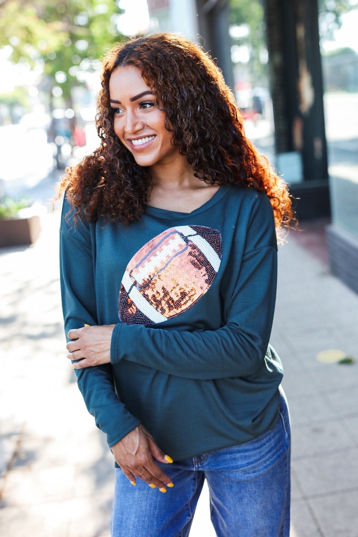 Forest Green Sequin Football Patch Terry Top