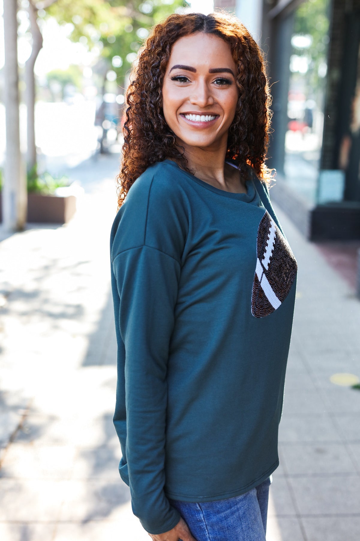 Forest Green Sequin Football Patch Terry Top