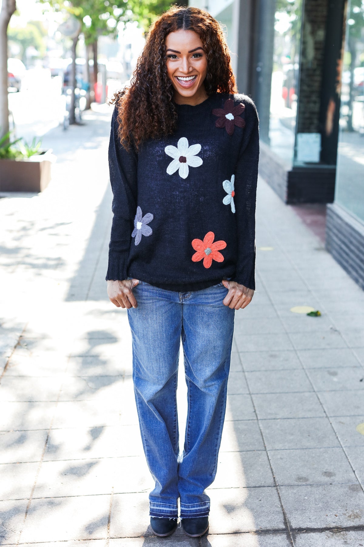 Black Flower Patch Oversized Knit Sweater