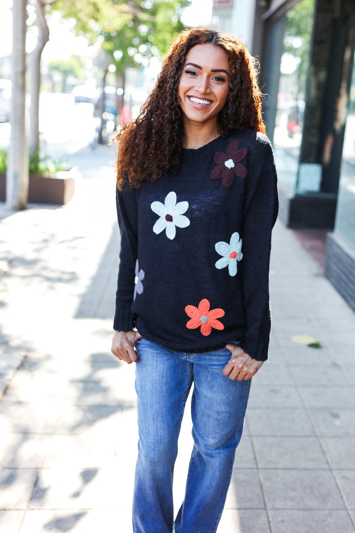 Black Flower Patch Oversized Knit Sweater