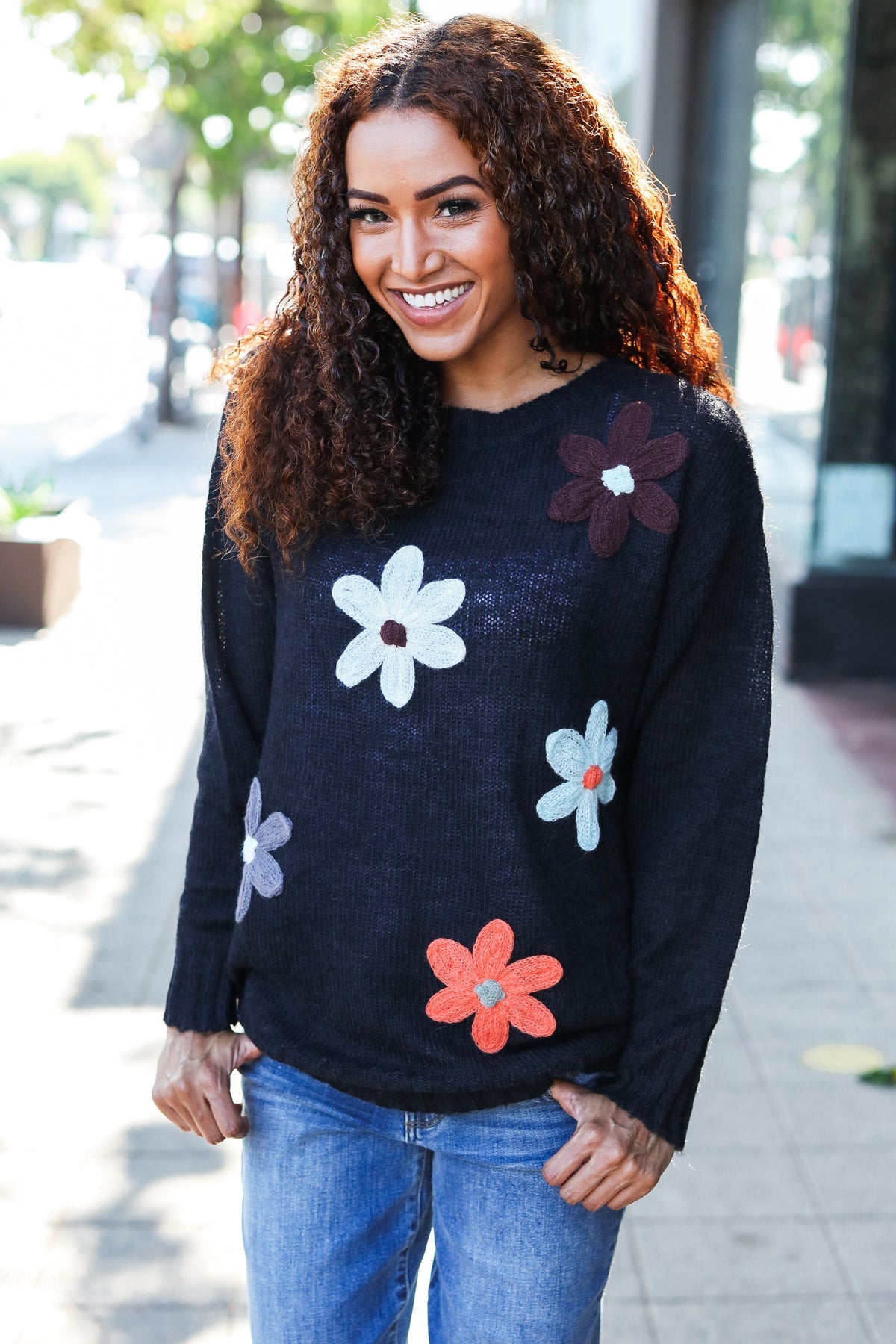 Black Flower Patch Oversized Knit Sweater