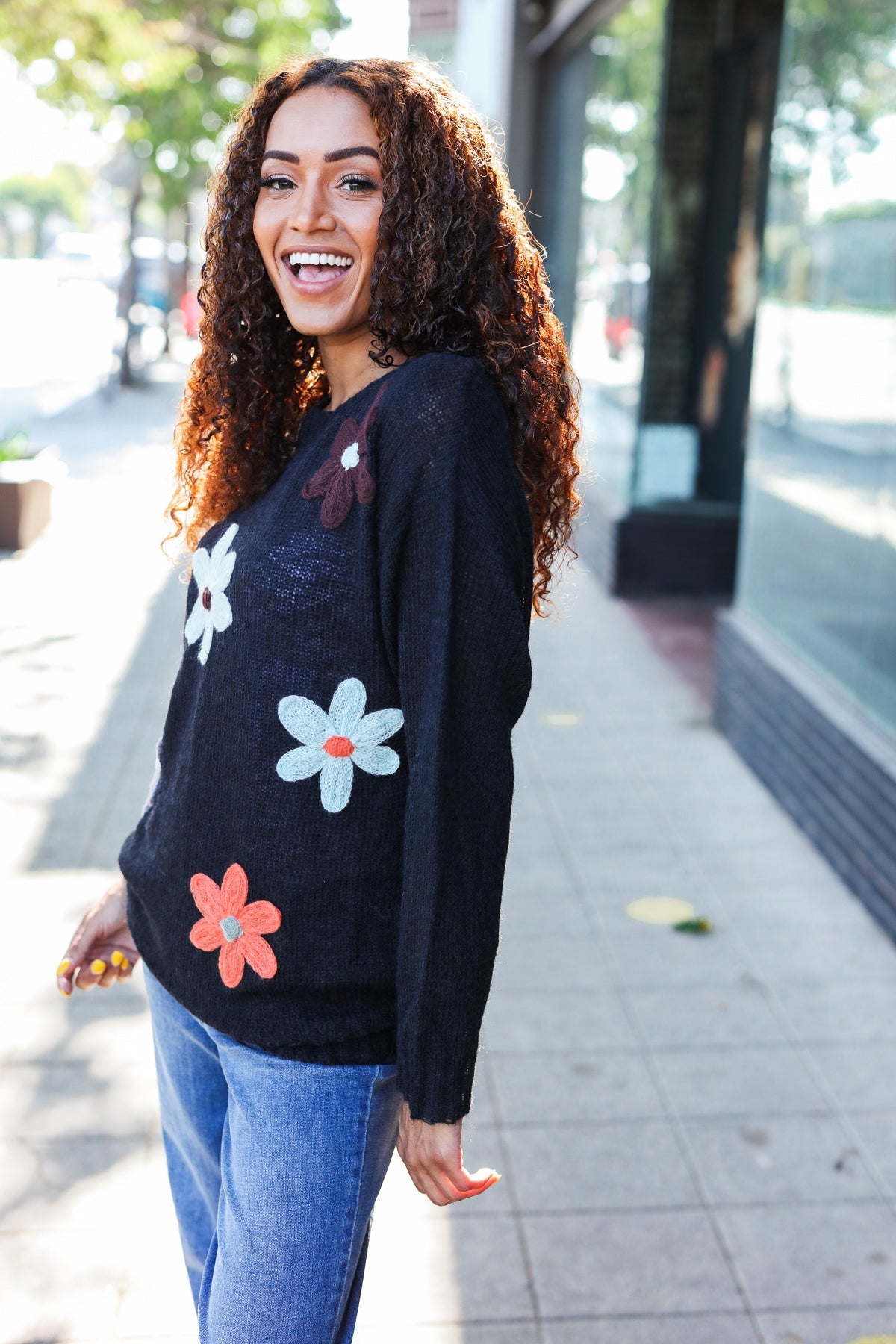 Black Flower Patch Oversized Knit Sweater