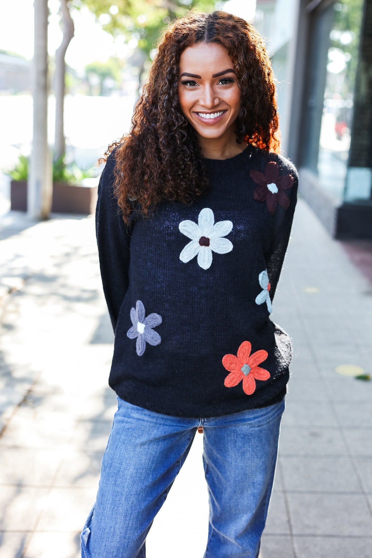 Black Flower Patch Oversized Knit Sweater