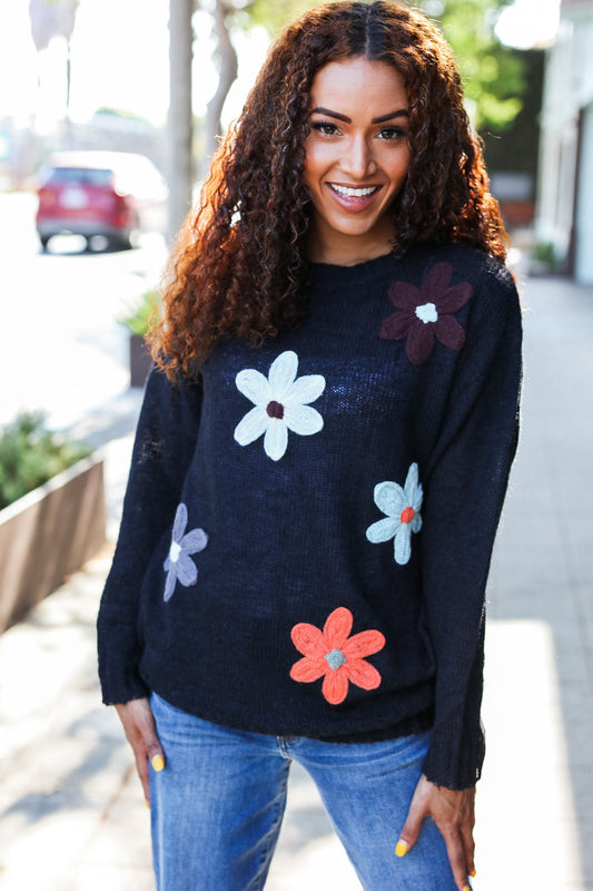 Black Flower Patch Oversized Knit Sweater