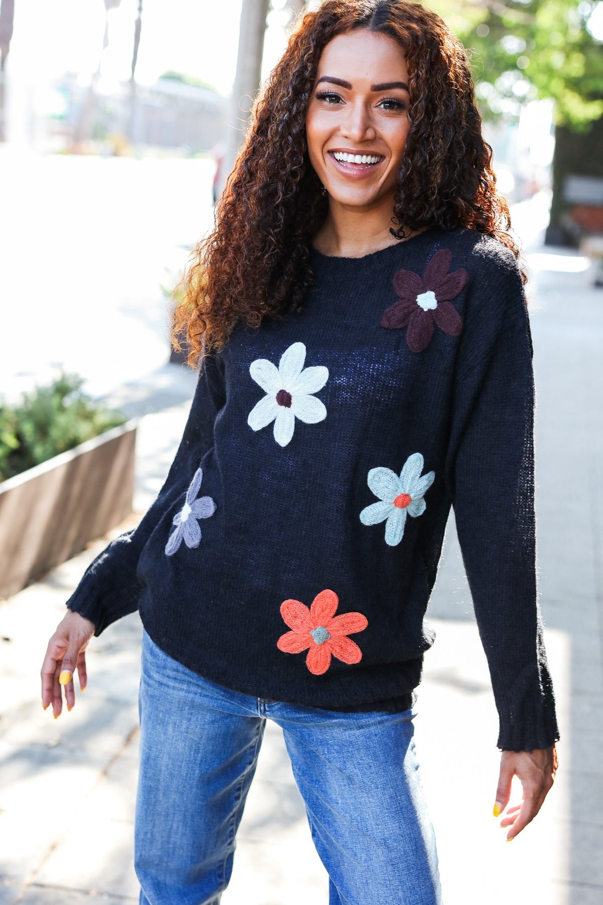 Black Flower Patch Oversized Knit Sweater