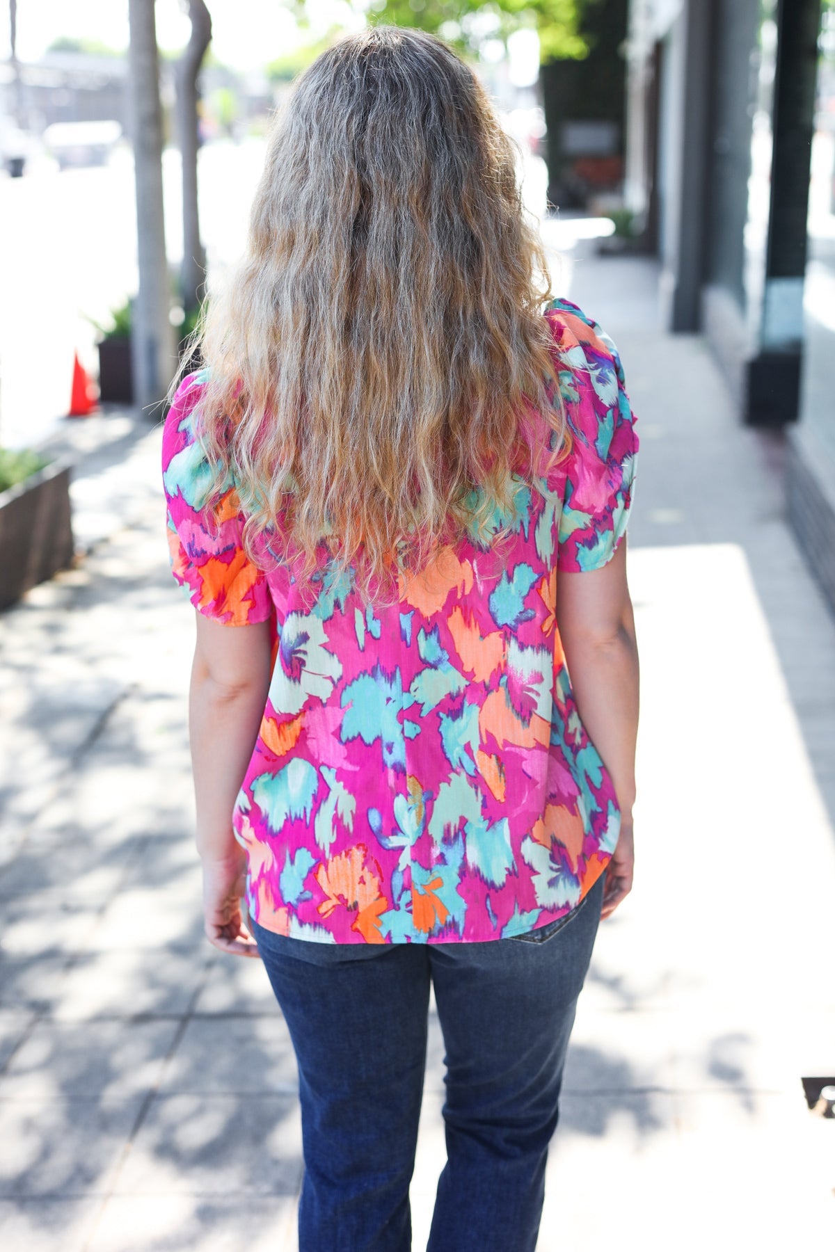 Fuchsia Abstract Frill Notch Neck Puff Sleeve Top