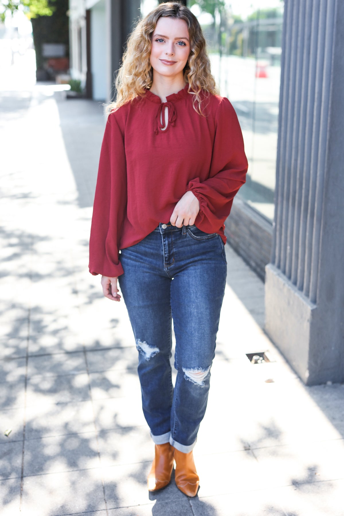 Burgundy Frilled Edge V Neck Tie Top