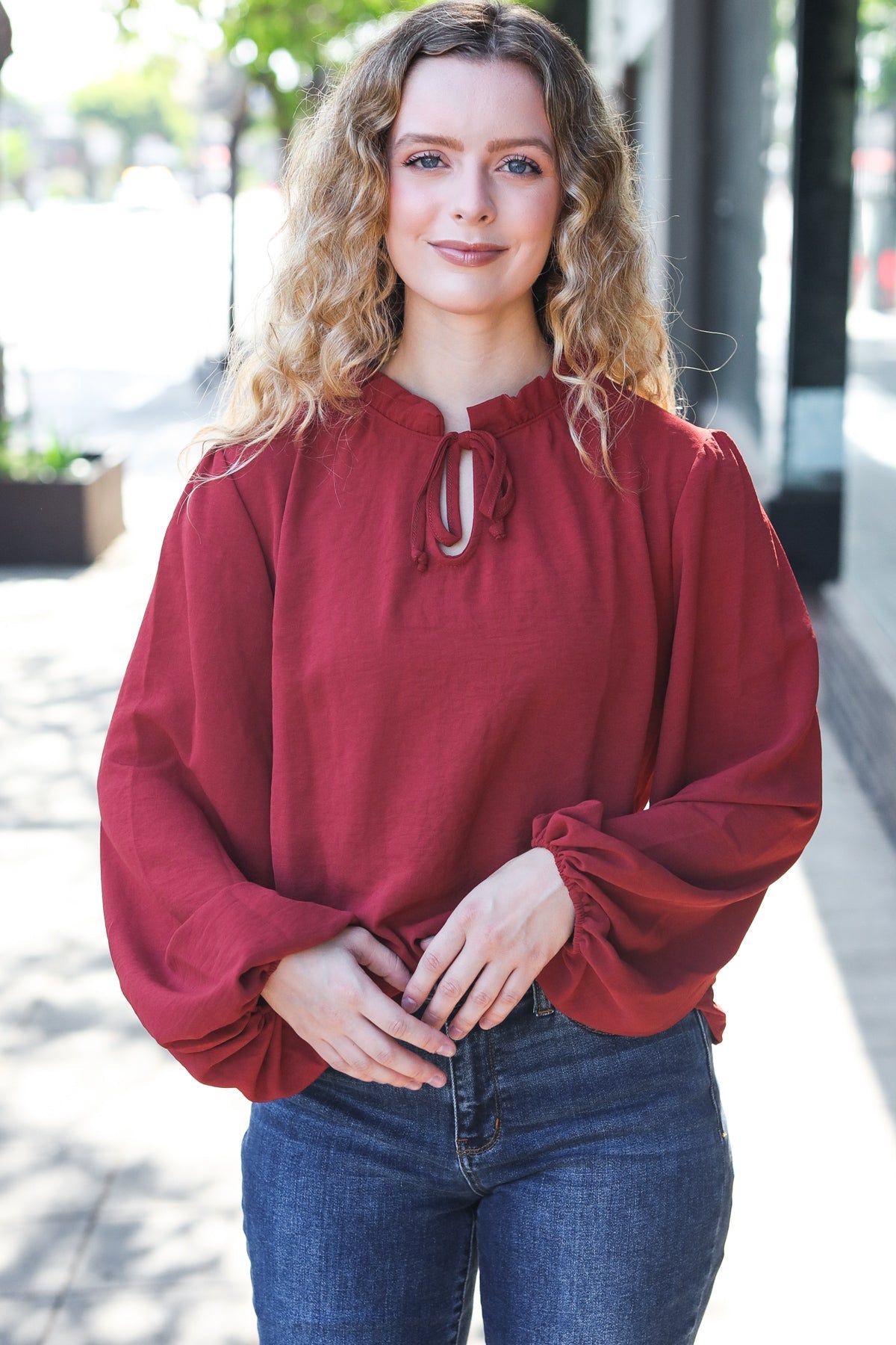 Burgundy Frilled Edge V Neck Tie Top