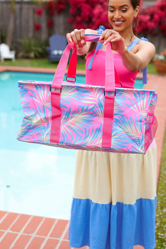 Pink & Blue Tropical Collapsible Canvas Strap Tote