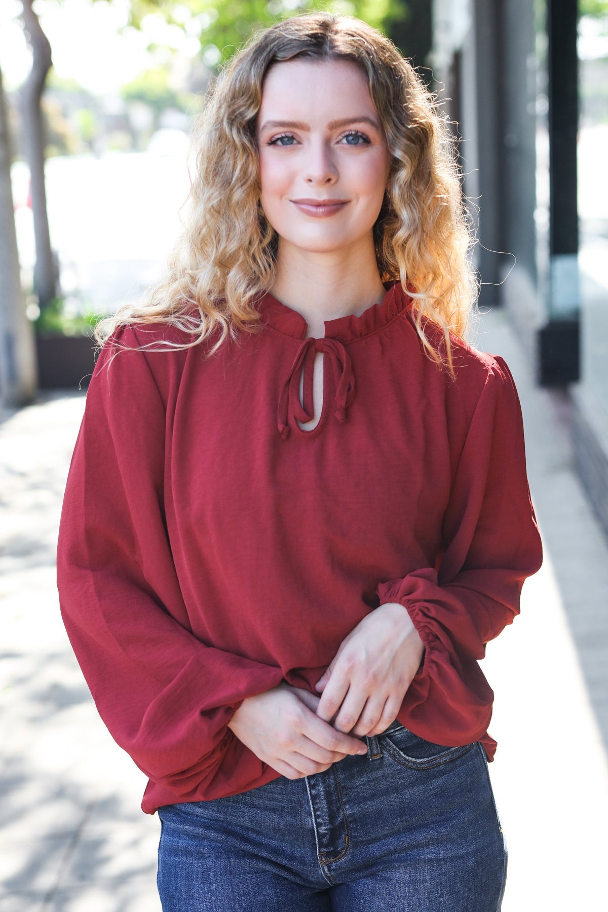 Burgundy Frilled Edge V Neck Tie Top