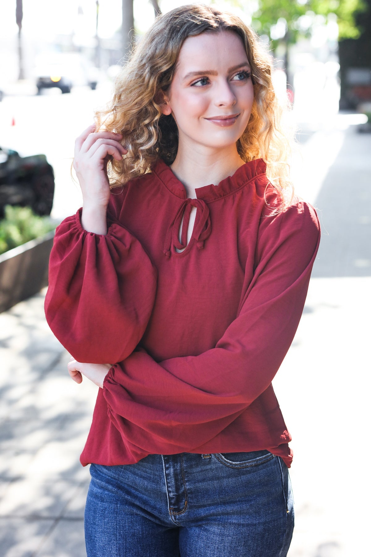 Burgundy Frilled Edge V Neck Tie Top