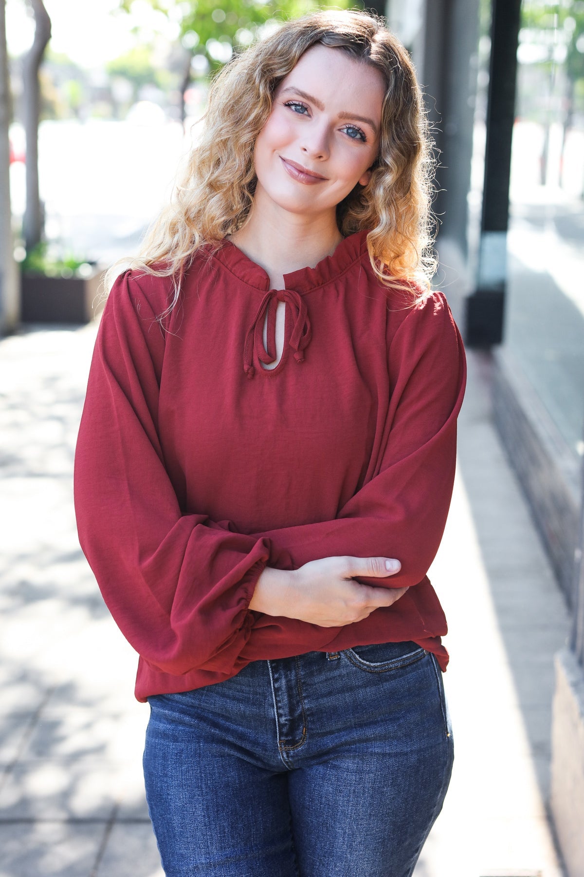 Burgundy Frilled Edge V Neck Tie Top