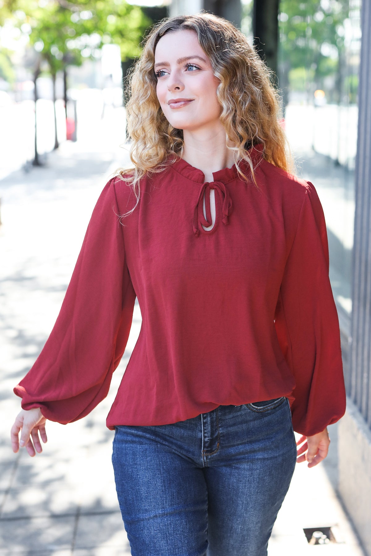 Burgundy Frilled Edge V Neck Tie Top