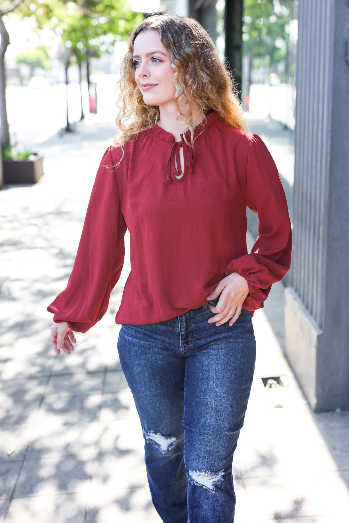 Burgundy Frilled Edge V Neck Tie Top