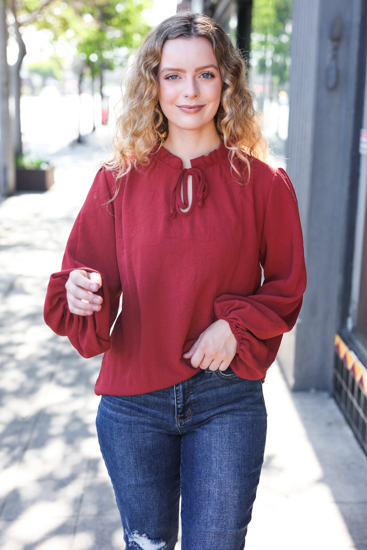 Burgundy Frilled Edge V Neck Tie Top