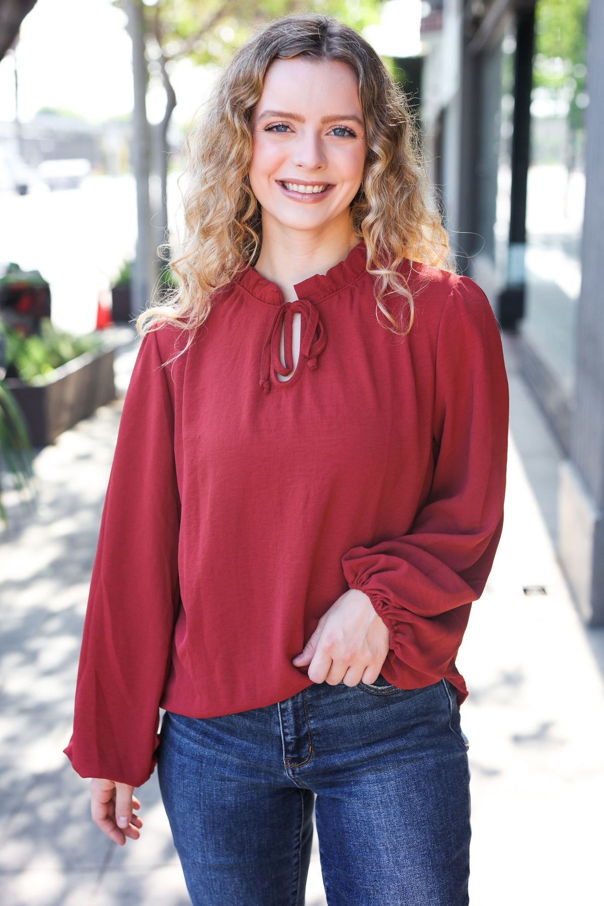 Burgundy Frilled Edge V Neck Tie Top