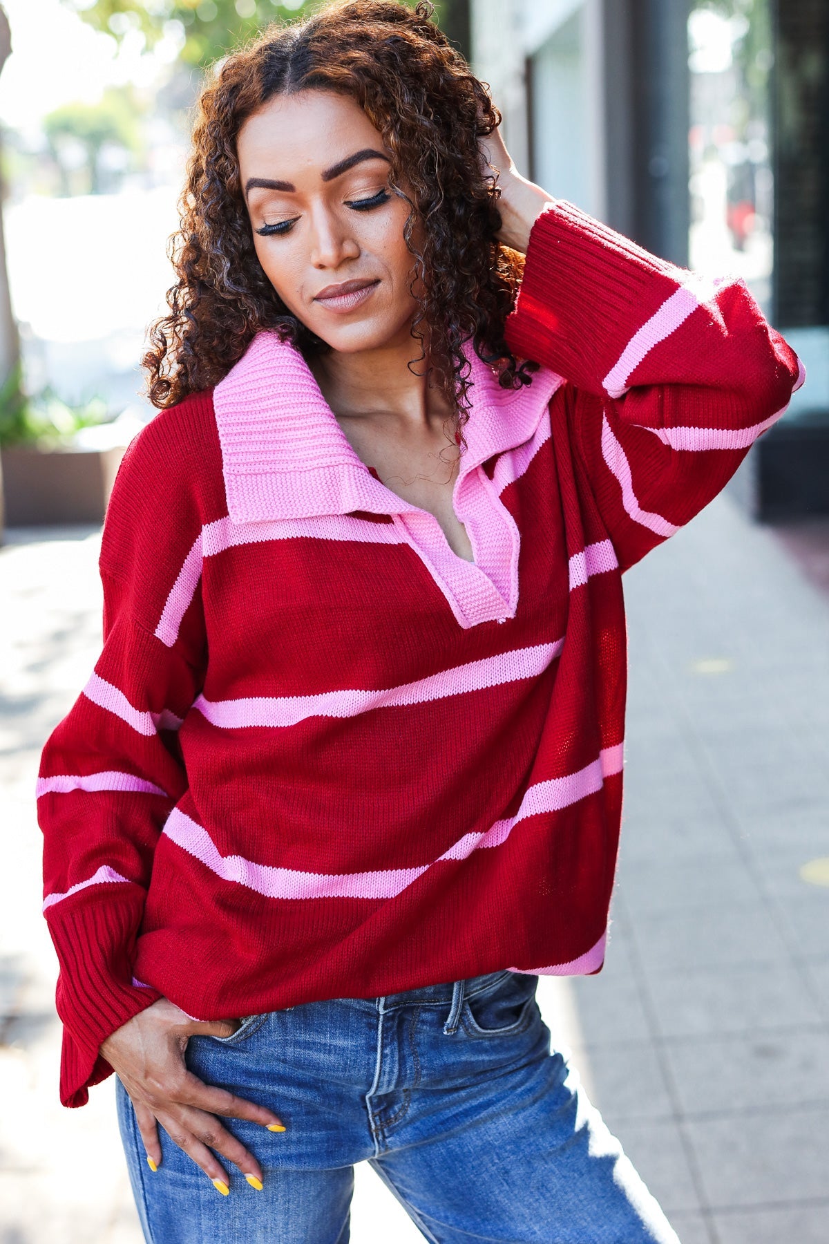 Crimson Stripe Notched Neck Collared Oversized Sweater