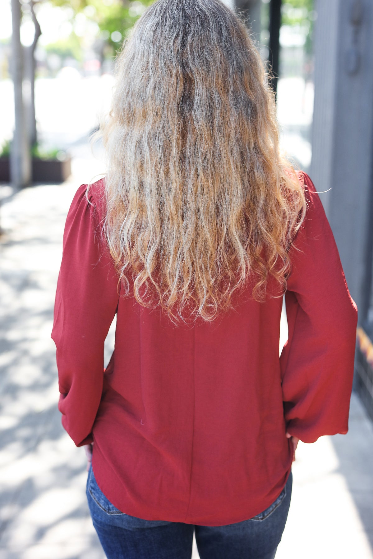 Burgundy Frilled Edge V Neck Tie Top