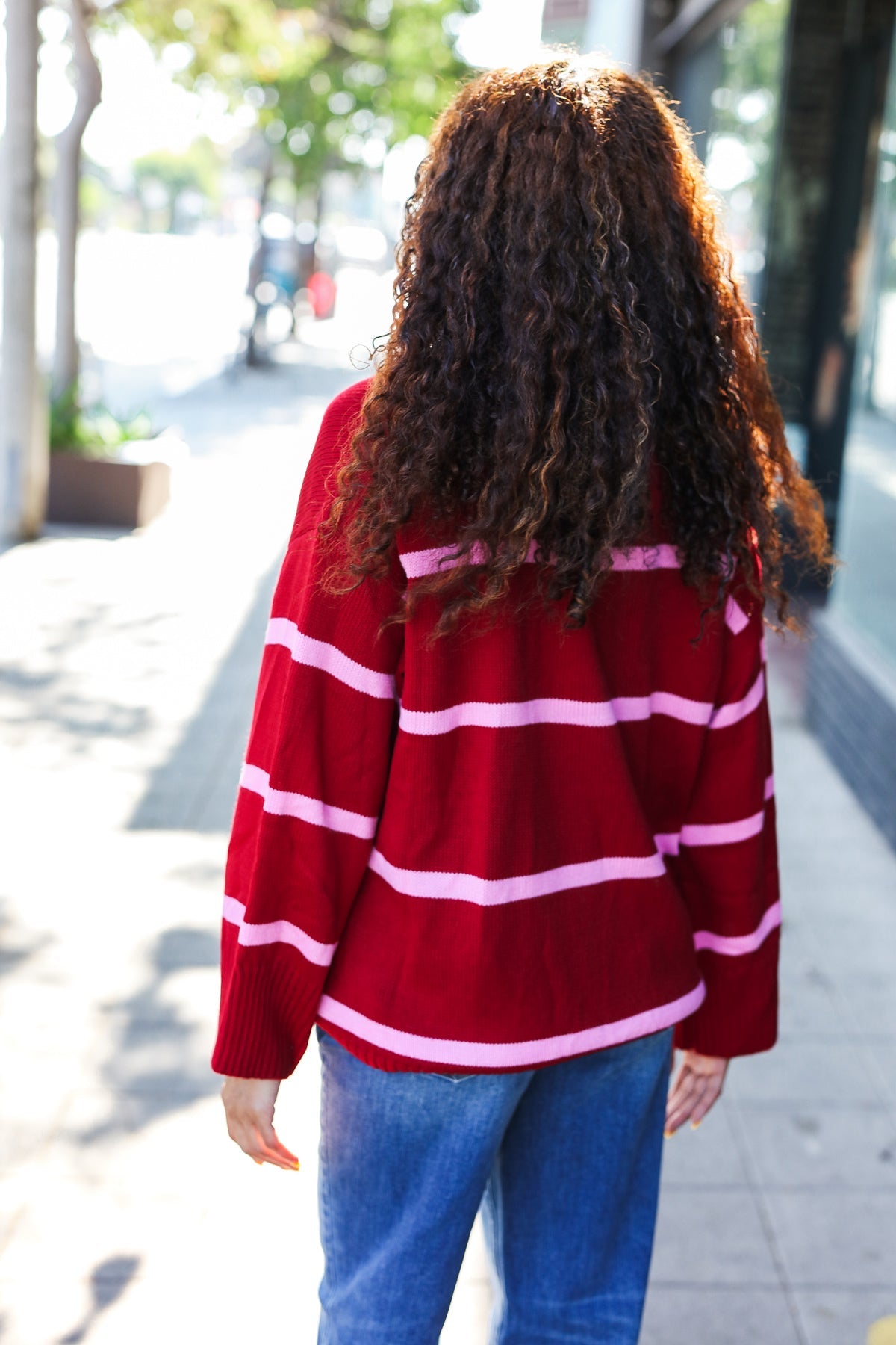 Crimson Stripe Notched Neck Collared Oversized Sweater