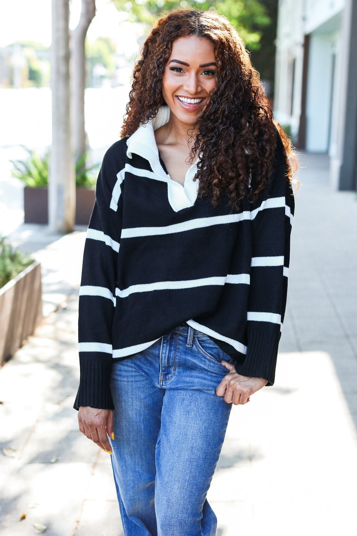 Black Stripe Notched Neck Collared Oversized Sweater