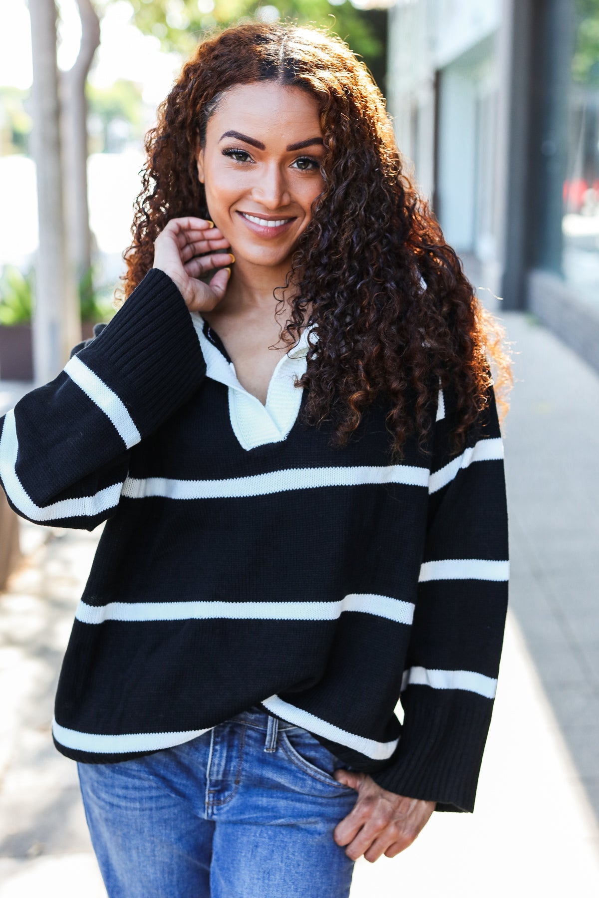 Black Stripe Notched Neck Collared Oversized Sweater