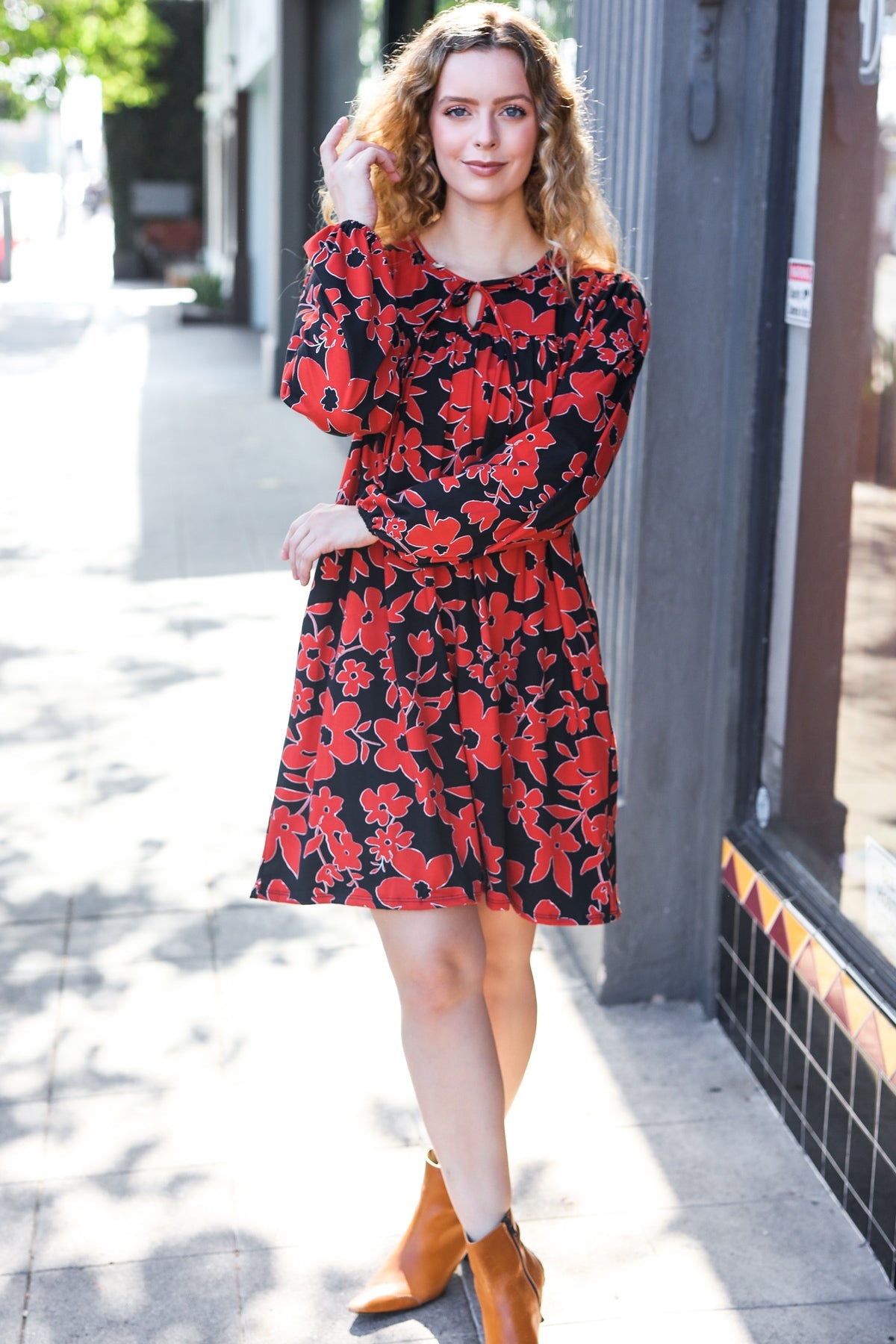 Rust & Black Floral Print Front Tie Dress