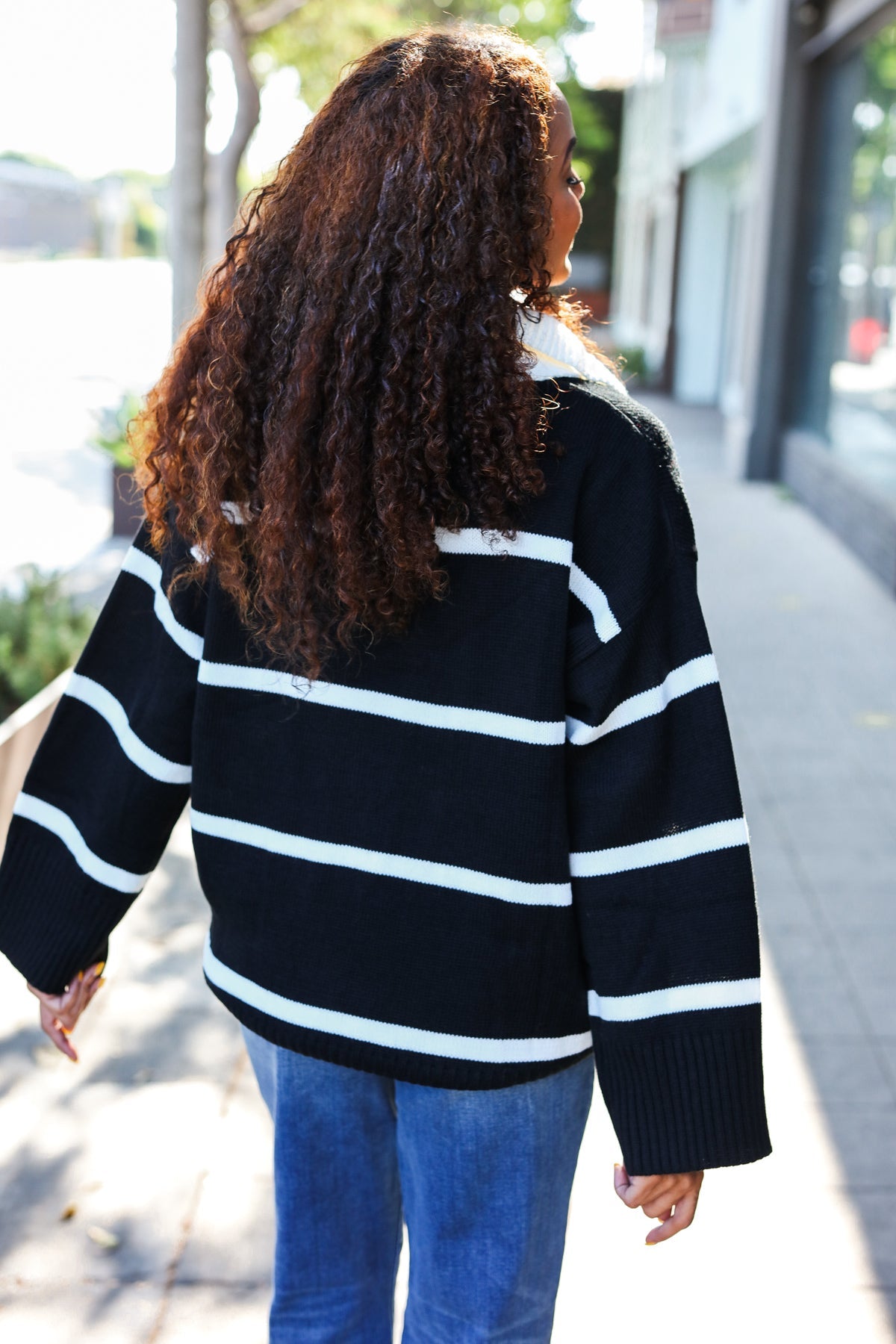 Black Stripe Notched Neck Collared Oversized Sweater