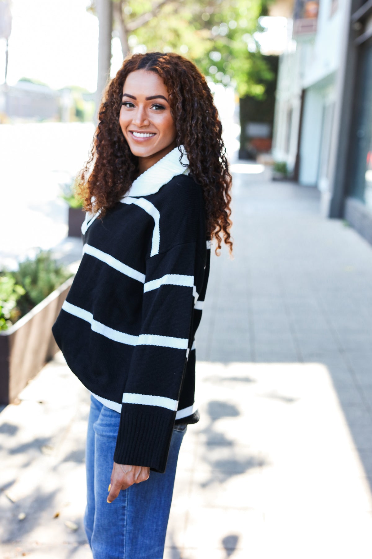 Black Stripe Notched Neck Collared Oversized Sweater