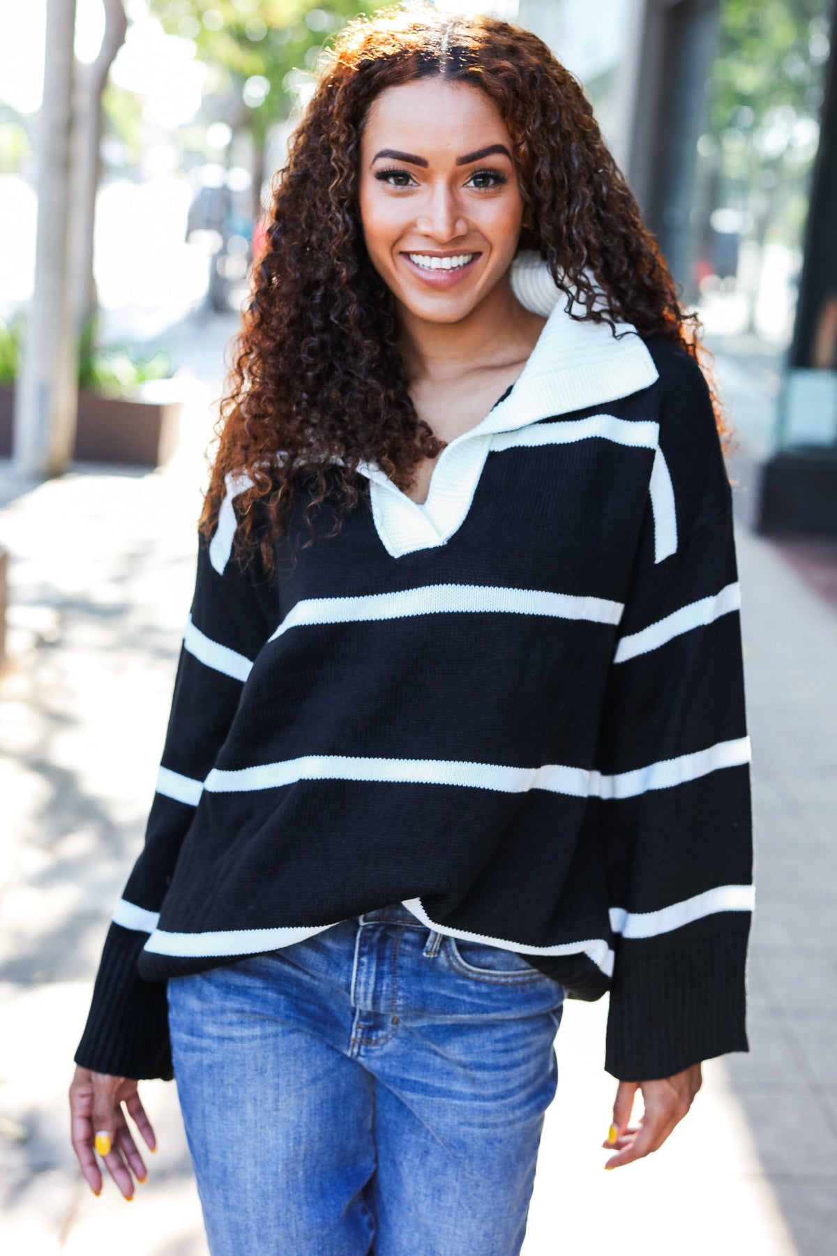 Black Stripe Notched Neck Collared Oversized Sweater