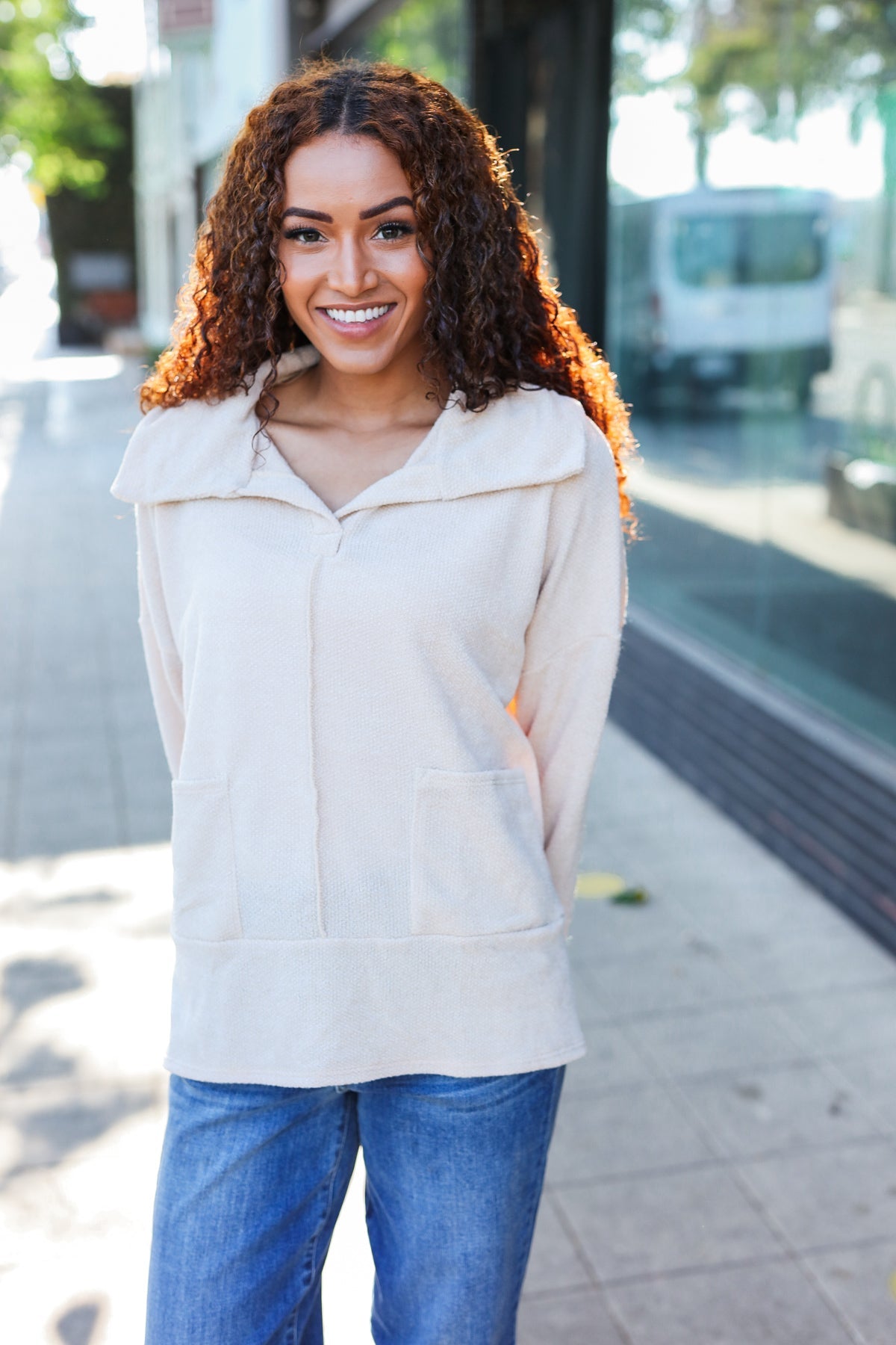 Oatmeal Textured Knit Notch Neck Oversized Collar Sweater