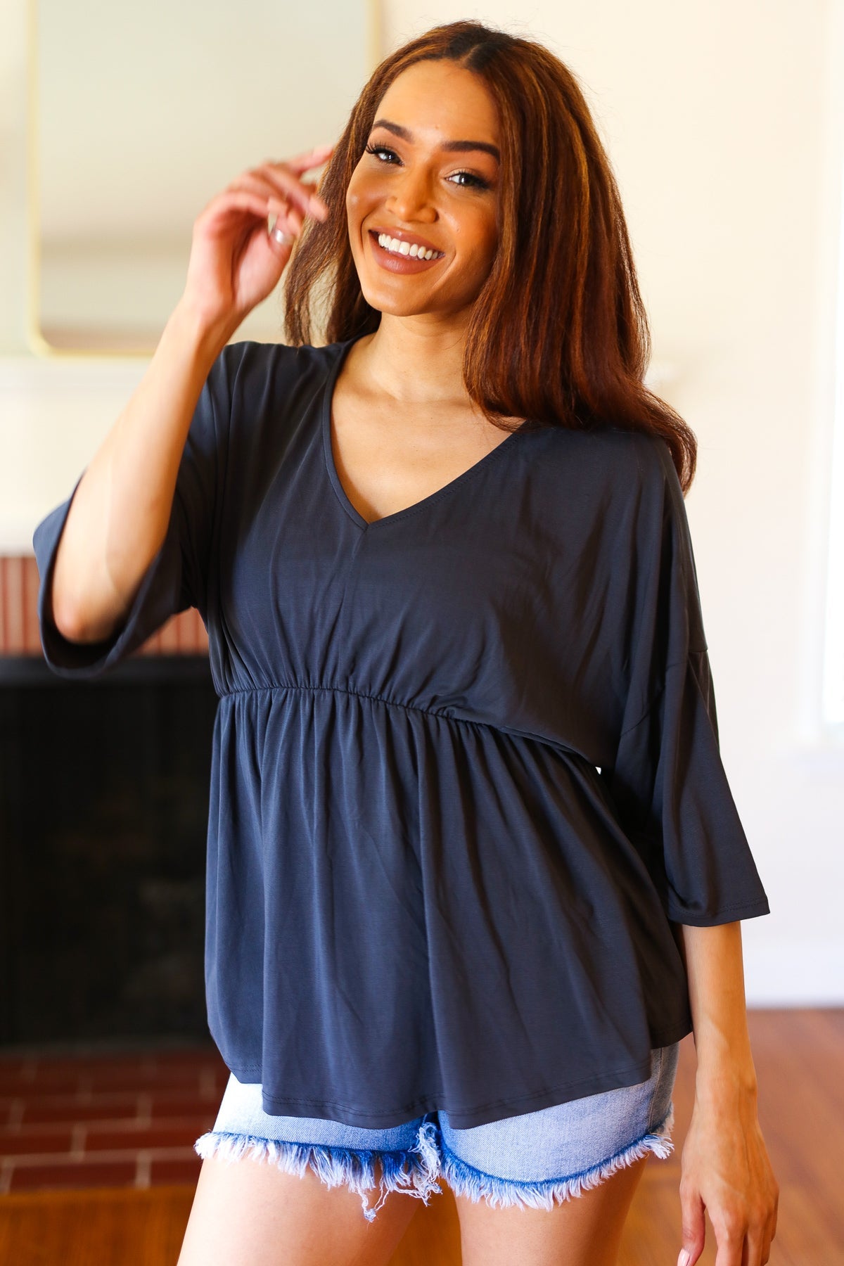 Charcoal Modal V Neck Babydoll Dolman Top