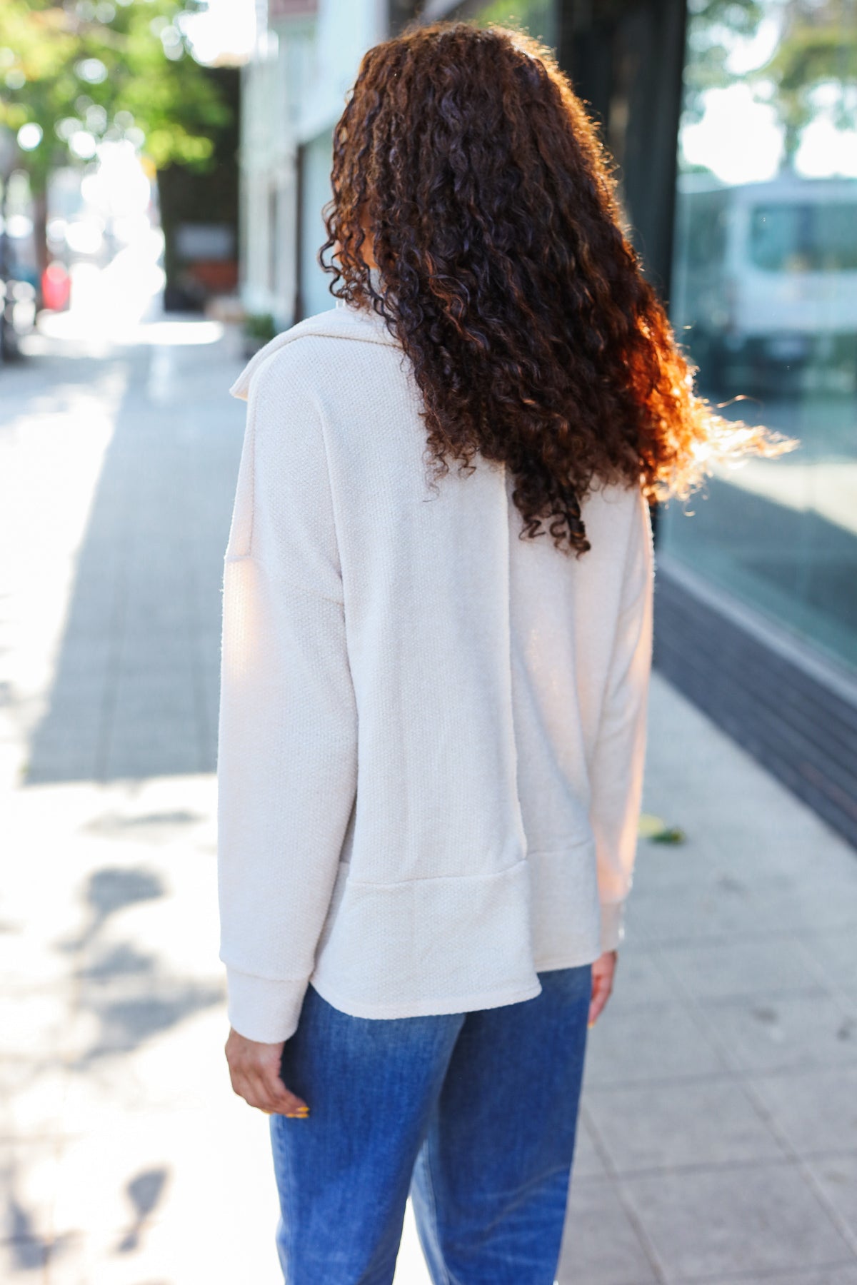 Oatmeal Textured Knit Notch Neck Oversized Collar Sweater