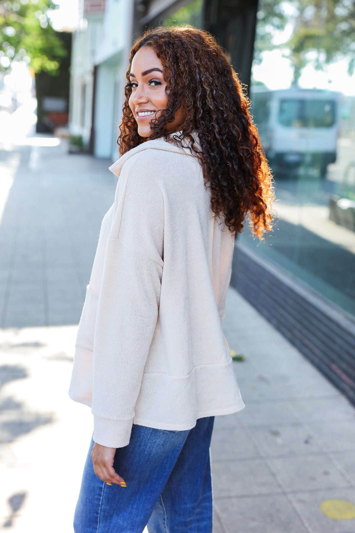 Oatmeal Textured Knit Notch Neck Oversized Collar Sweater