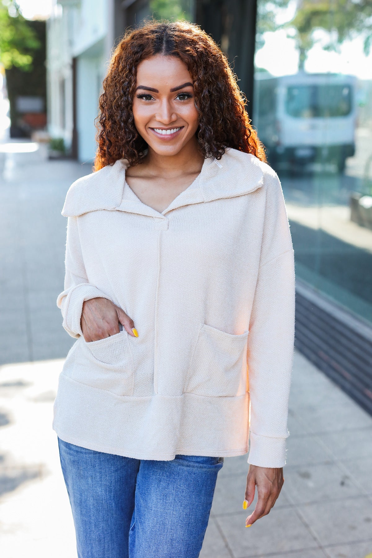 Oatmeal Textured Knit Notch Neck Oversized Collar Sweater