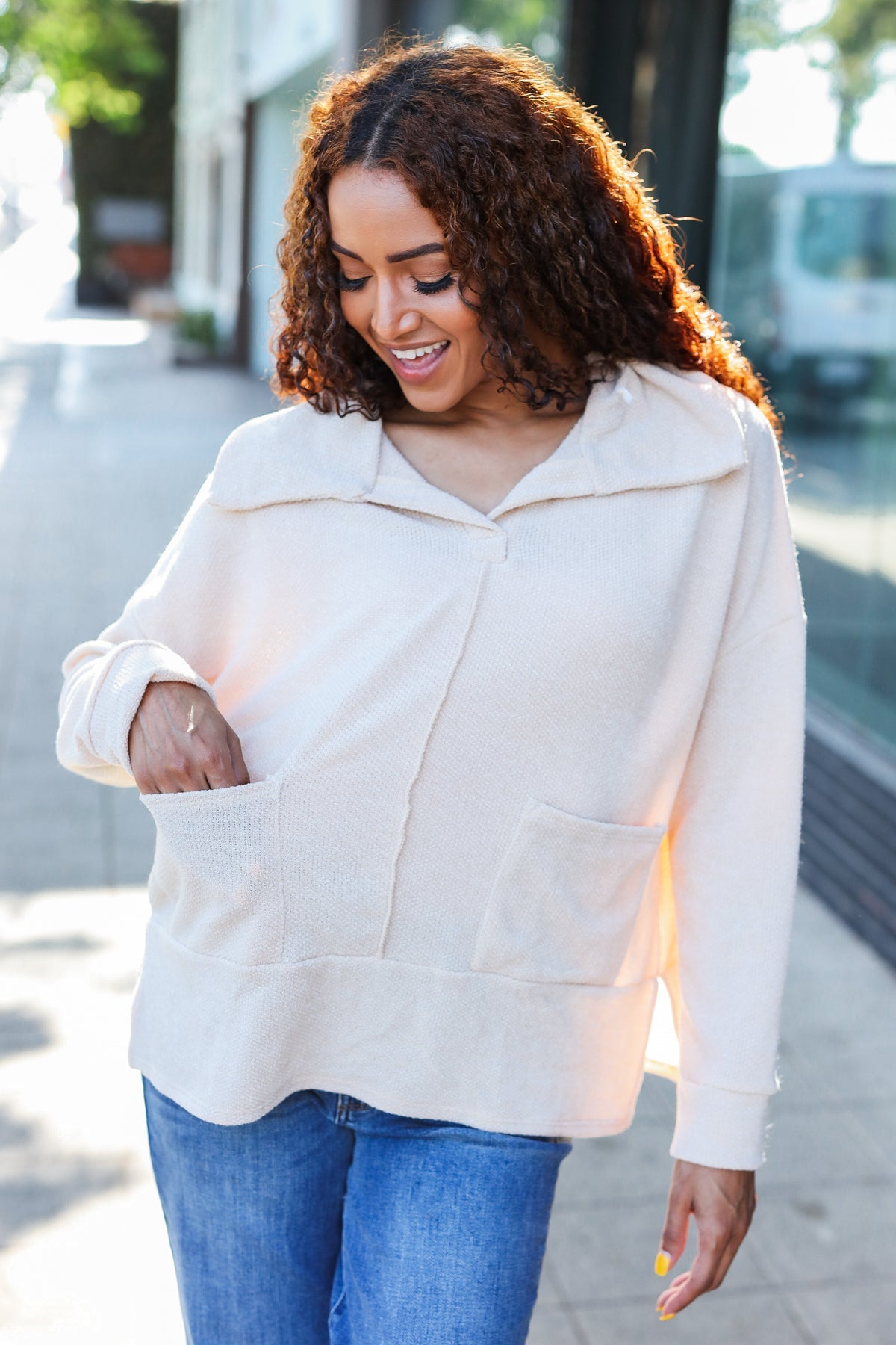 Oatmeal Textured Knit Notch Neck Oversized Collar Sweater