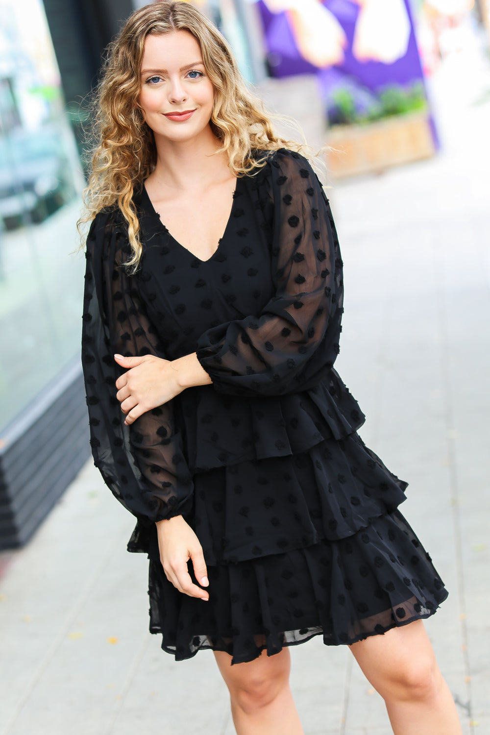 Black Chiffon Swiss Dot V Neck Tiered Ruffle Dress