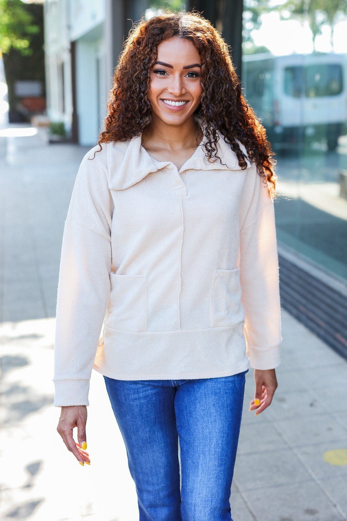 Oatmeal Textured Knit Notch Neck Oversized Collar Sweater