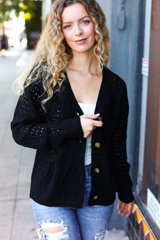 Black Pointelle Knit Button Down Cardigan