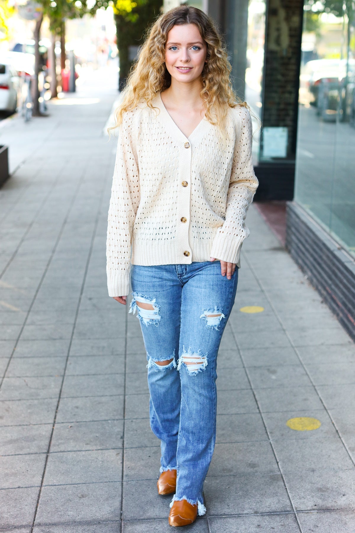 Oatmeal Pointelle Knit Button Down Cardigan