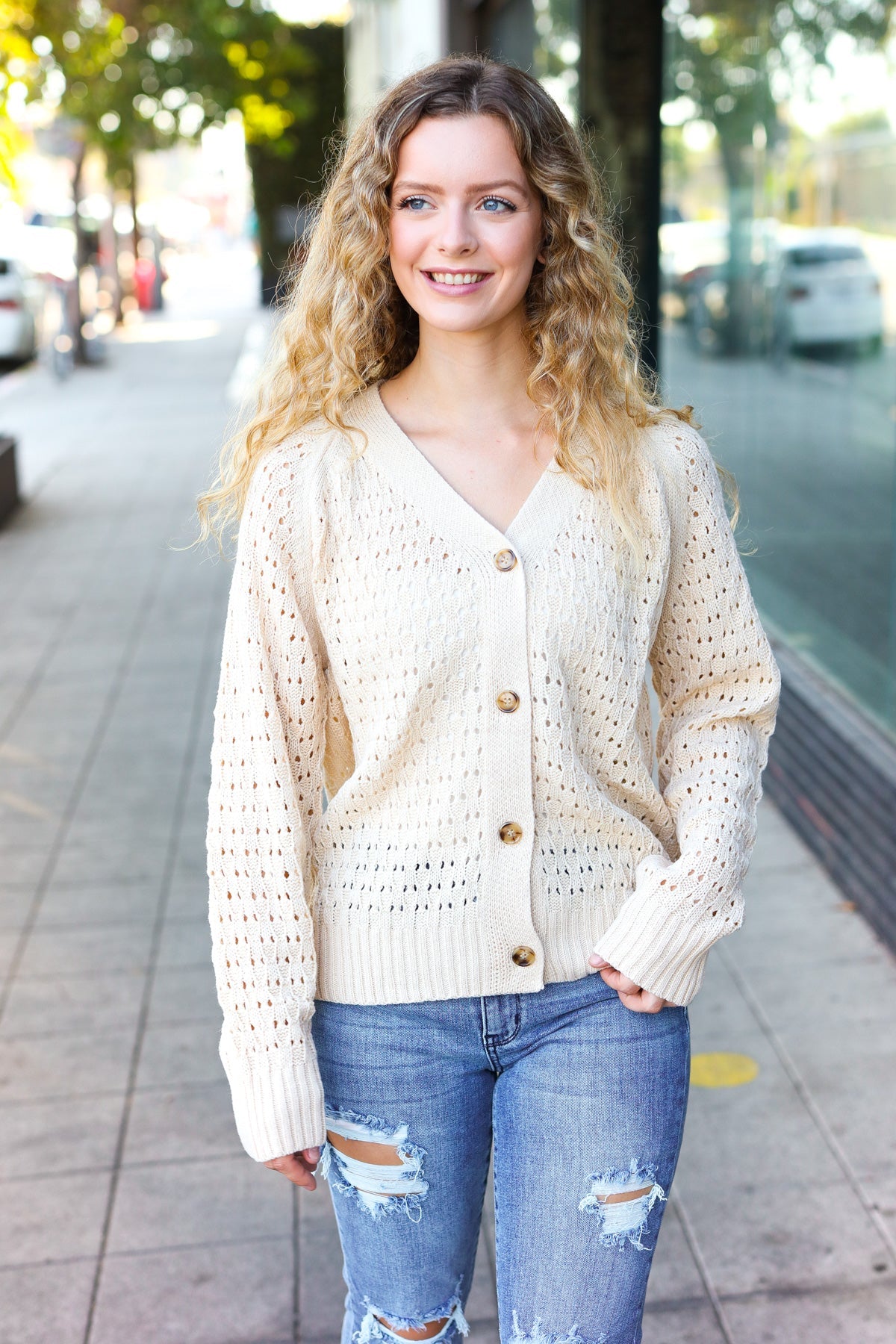 Oatmeal Pointelle Knit Button Down Cardigan