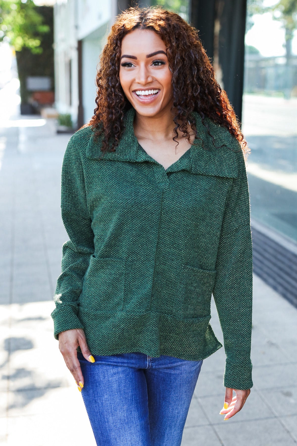 Olive Textured Knit Notch Neck Oversized Collar Sweater