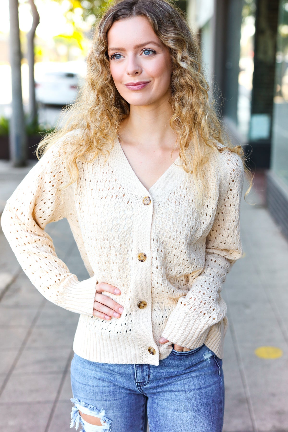 Oatmeal Pointelle Knit Button Down Cardigan